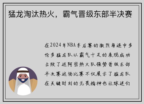 猛龙淘汰热火，霸气晋级东部半决赛