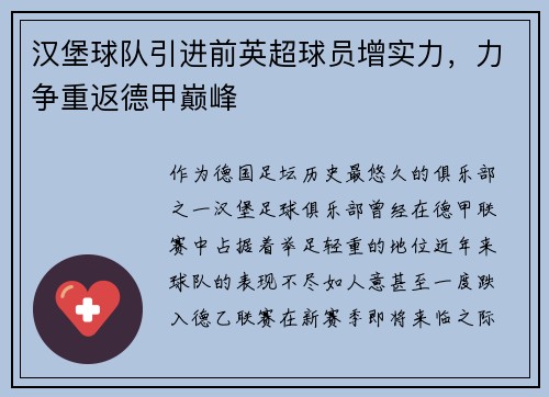 汉堡球队引进前英超球员增实力，力争重返德甲巅峰